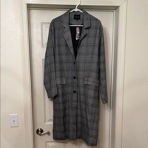 TIMING Black, White and Navy Plaid Trench Coat. NWT